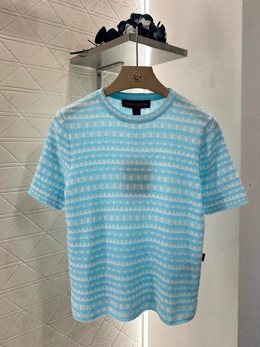 L 25  Striped Crew Neck Knit Short Sleeve Top