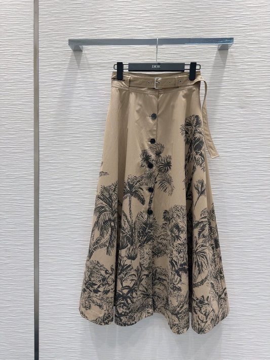 D 25 new brown printed belt single breasted long skirt