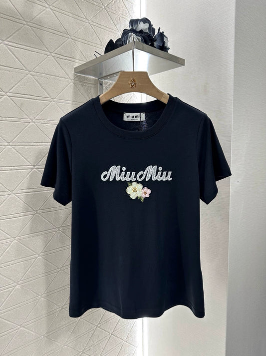 M 25 Floral Beaded Round Neck Short Sleeve T-Shirt