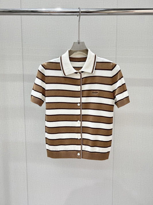 P 25 new letter embroidery contrast stripes single-breasted lapel short-sleeved knitted cardigan