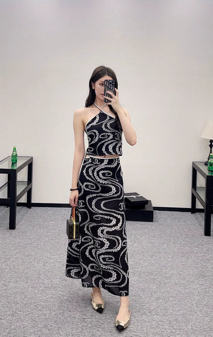 C 25 Printed Halter Neck Tank Top and Long Skirt Set