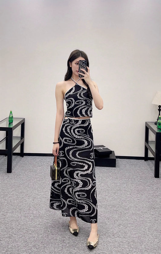 C 25 Printed Halter Neck Tank Top and Long Skirt Set