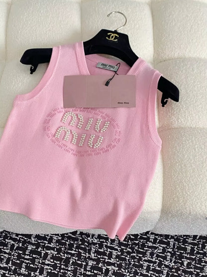 M 25 New Studded monogrammed logo round neck sleeveless knit tops