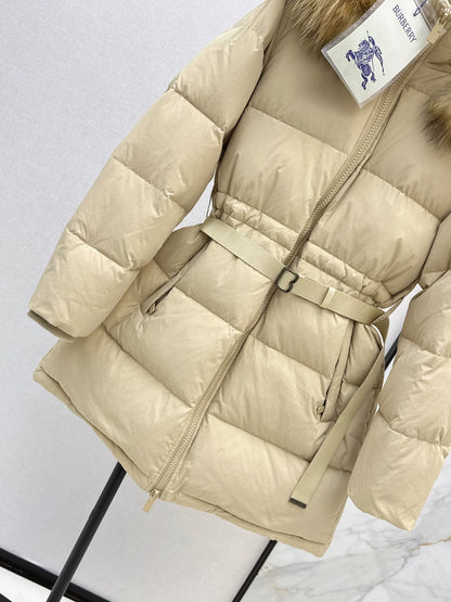 Bru 25 Waist waistband long down jacket ，raccoon fur collar(BLACK/WHITE/KHAKI)