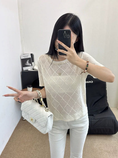 2025 Spring and Summer New Three-Dimensional Diamond Knitted Short Sleeves