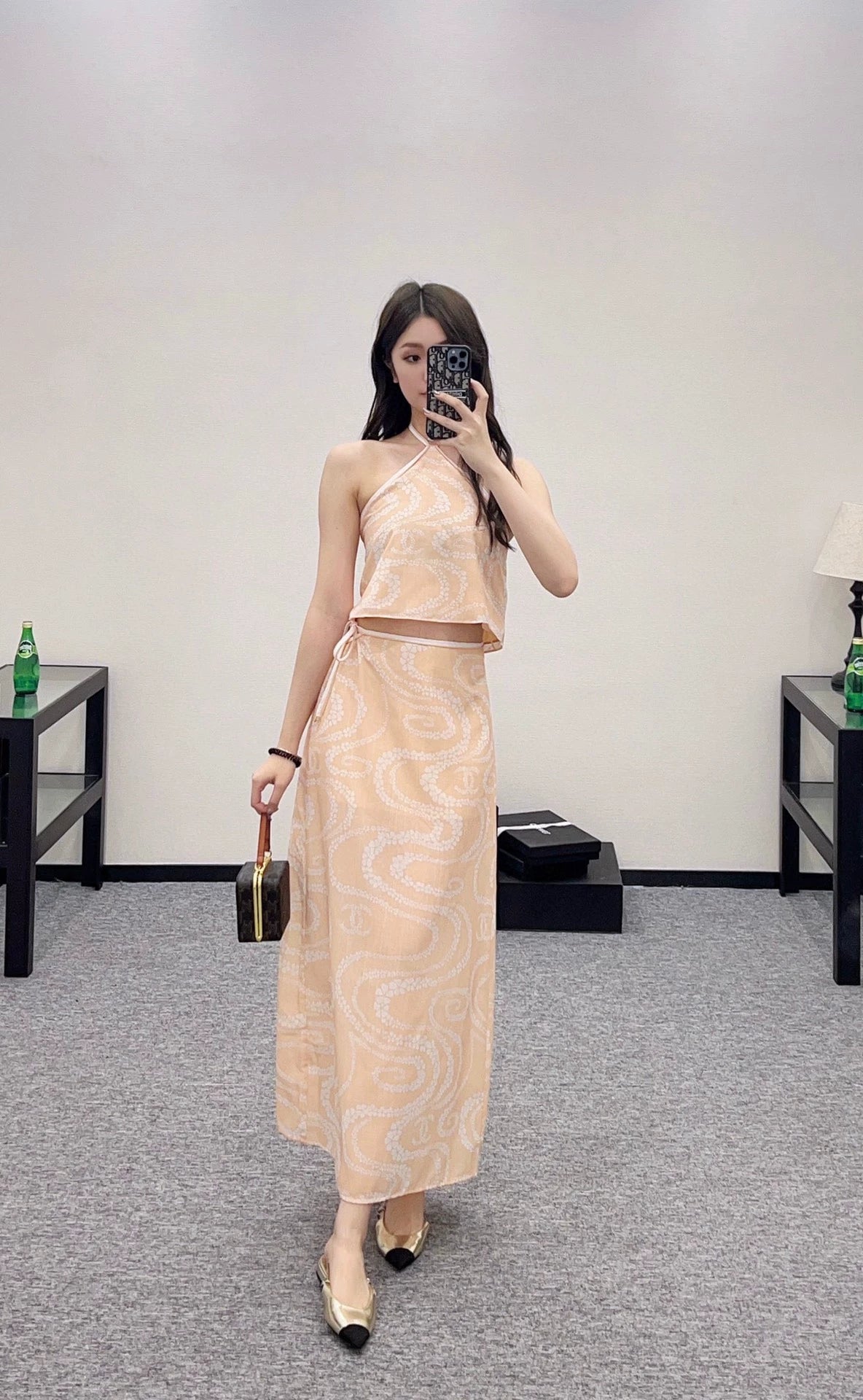 C 25 Printed Halter Neck Tank Top and Long Skirt Set