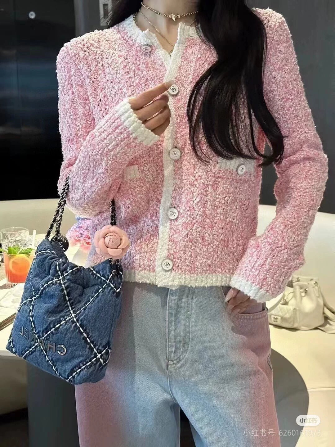 C 24 spring and summer new hollowed out logo buttons knit cardigan