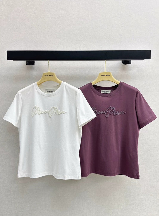M 25 spring and summer new beaded short-sleeved T-shirt