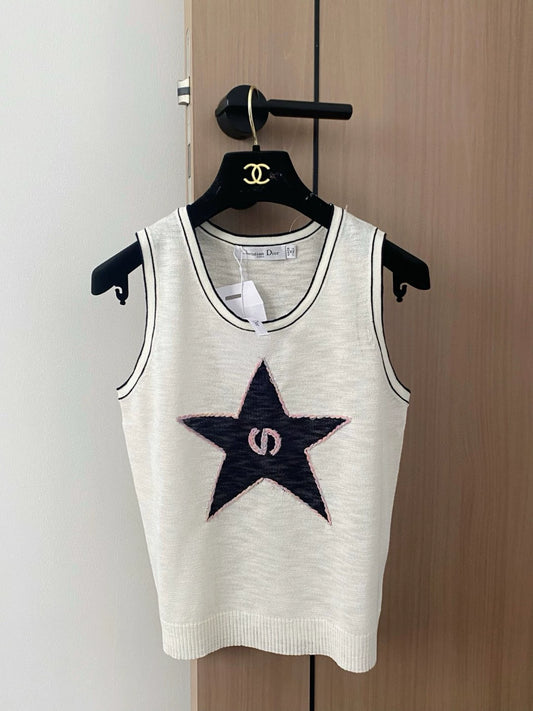 D 25 New Color Clash Star Stripe Crew Neck Sleeveless Knit Tank Top（white sapphire blue yellow ）