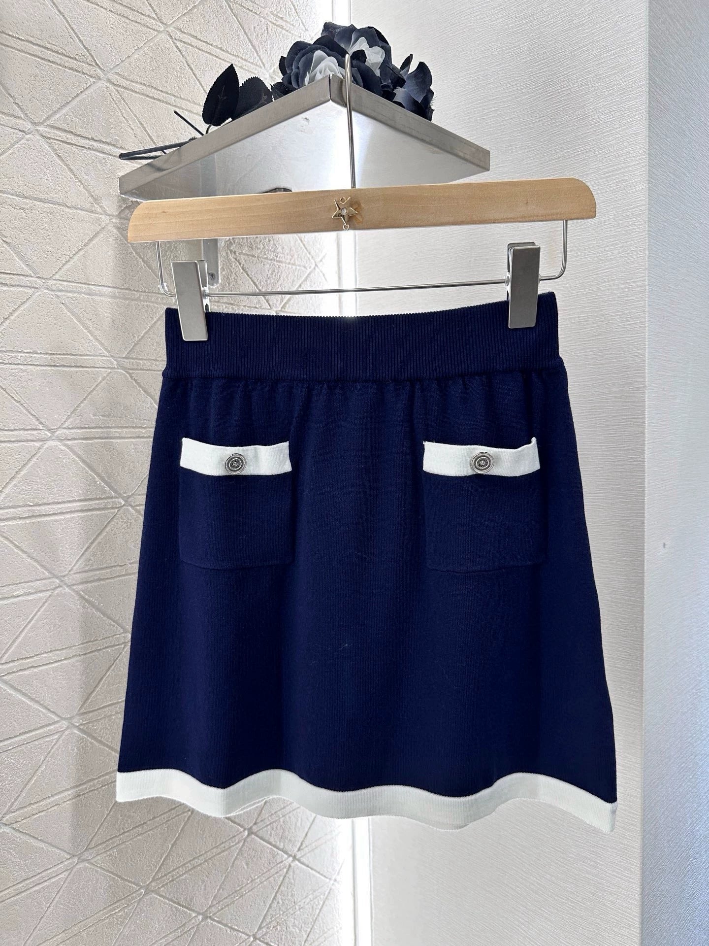 C 25 Chain Short Sleeve Top Half Skirt Set(Blue Navy)