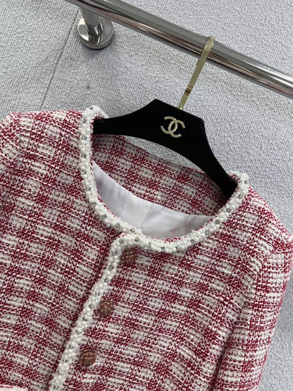 C 25 Red and white checked tweed jacket with beaded trim