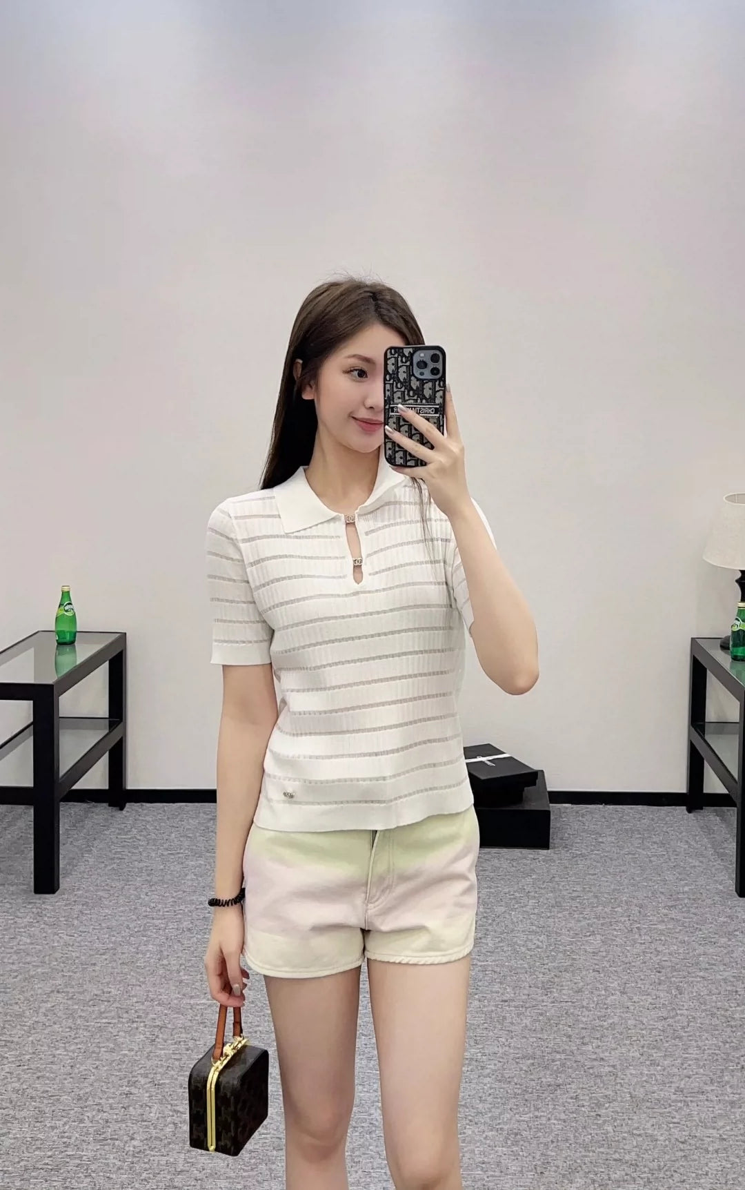 C 25 Spring/Summer New Hollow Front Striped Knit Short Sleeve Top(white gray pink balck)