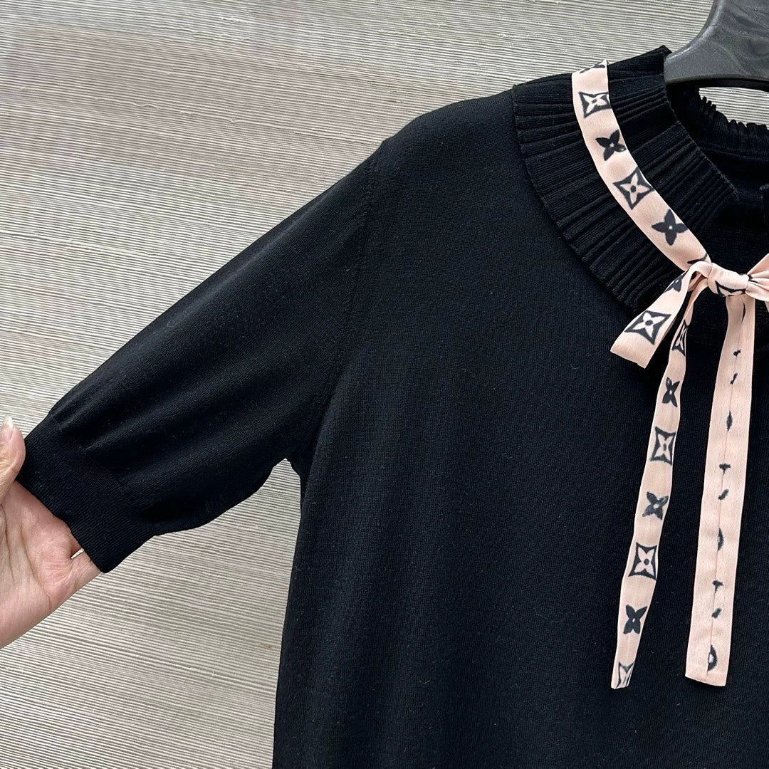 L 25 Spring/Summer New Lace Stand-up Collar Real Ribbon Short Sleeve