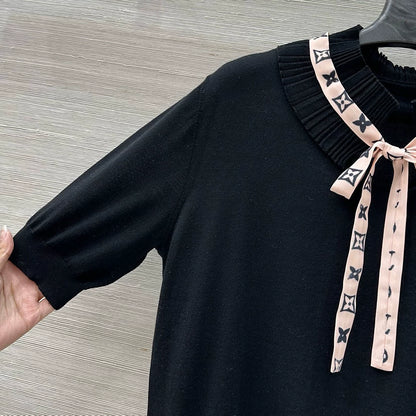 L 25 Spring/Summer New Lace Stand-up Collar Real Ribbon Short Sleeve