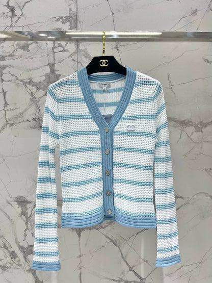 C 25 new hollow color matching striped knitted cardigan