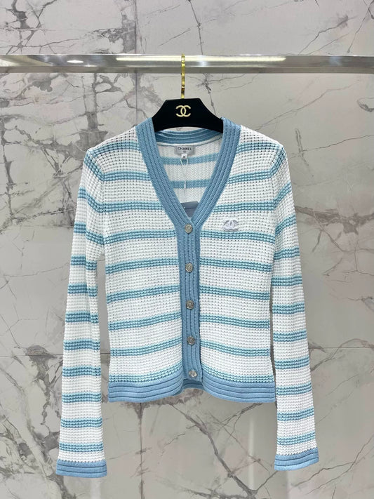 C 25 new hollow color matching striped knitted cardigan