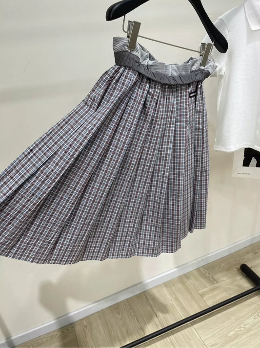 M 25 Summer new style mesh outer-turned dark red fine check mid-length skirt