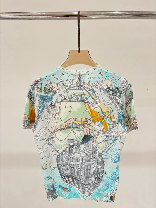 H 25 Early Spring New Round Neck Sailboat Pattern Color Printing Casual Knitted Short Sleeve