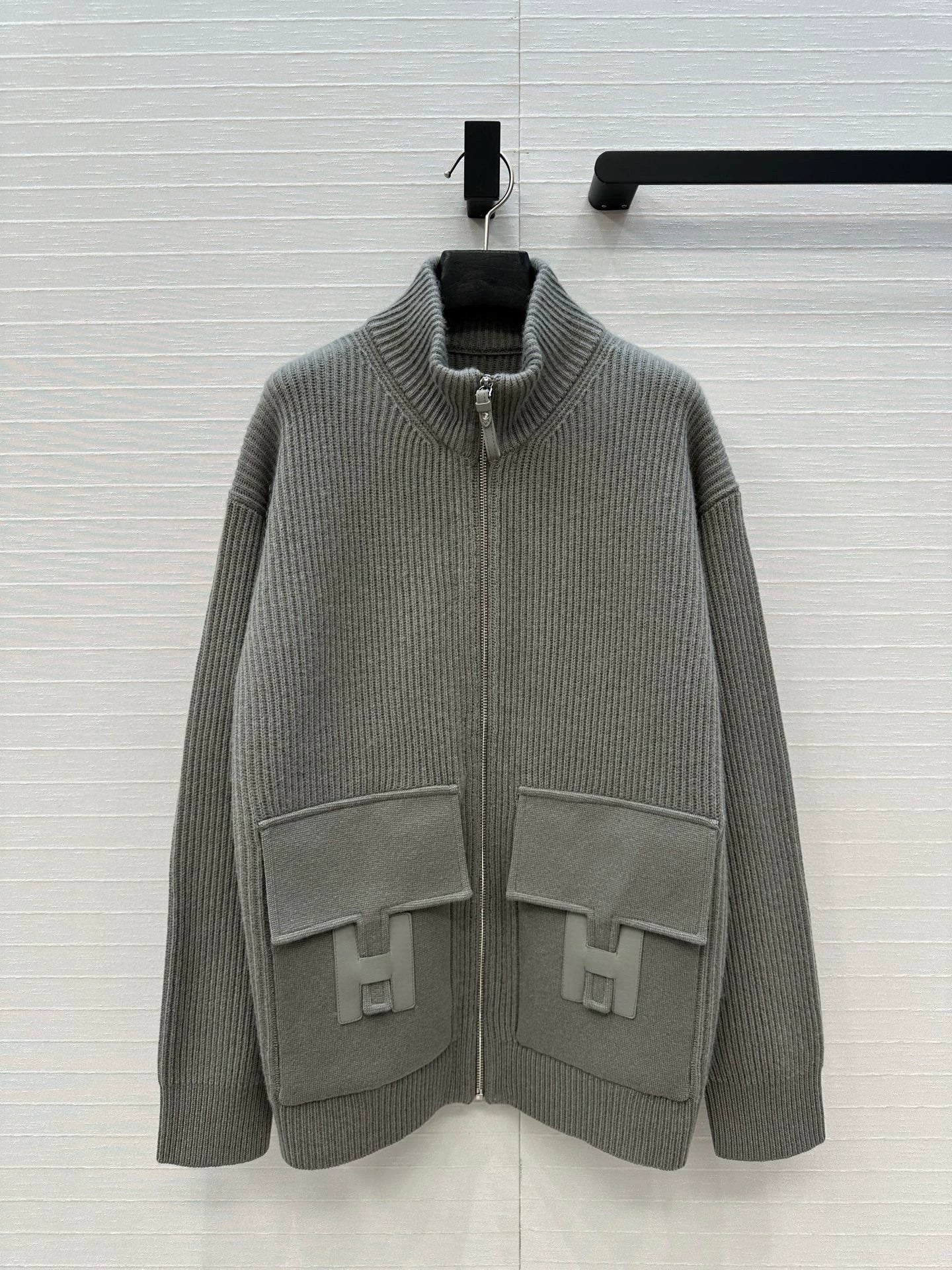 He 25 Mid-length cashmere knitted zip-up jacket(100% cashmere BROWN/GRAY)