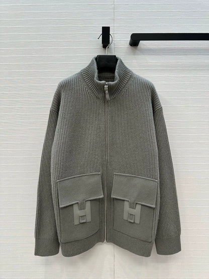He 25 Mid-length cashmere knitted zip-up jacket(100% cashmere BROWN/GRAY)