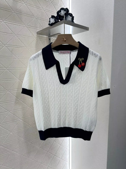 V 25 Spring/Summer Cherry Knit Lapel Short Sleeve Top