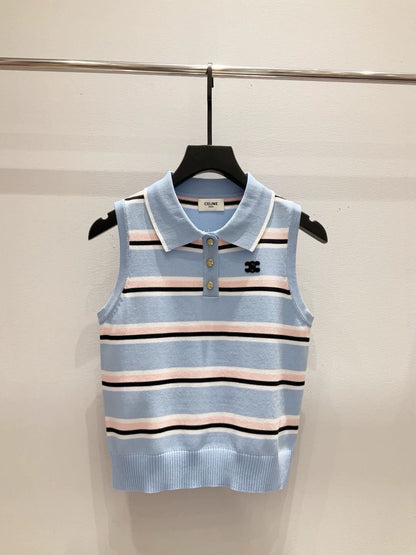 ce 25 New Striped Button Down Collar Sleeveless Knit Tank Top