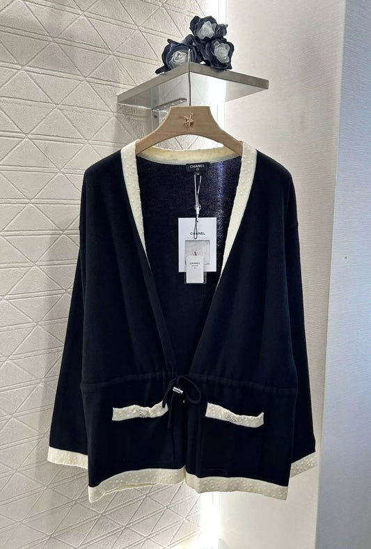 c 25 early fall new black and white color collision knitted cardigan