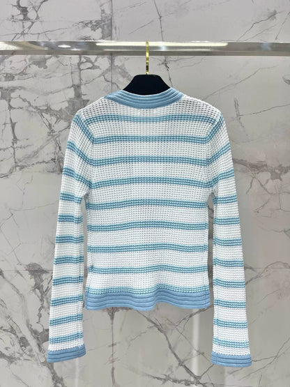 C 25 new hollow color matching striped knitted cardigan