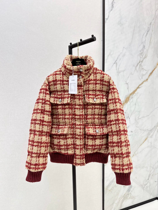 C 25 New fall/winter ski tweed plaid stand-collar down jacket