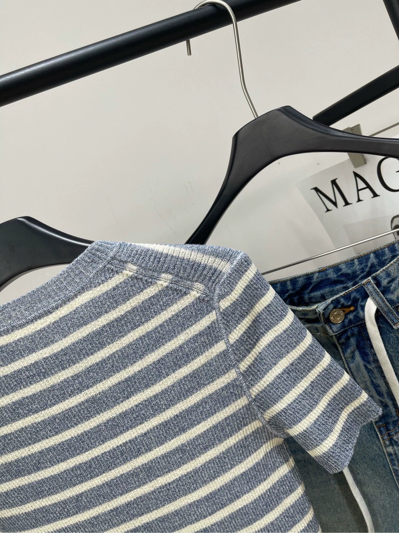 D 25Striped Linen Knit Short Sleeve Gray Blue