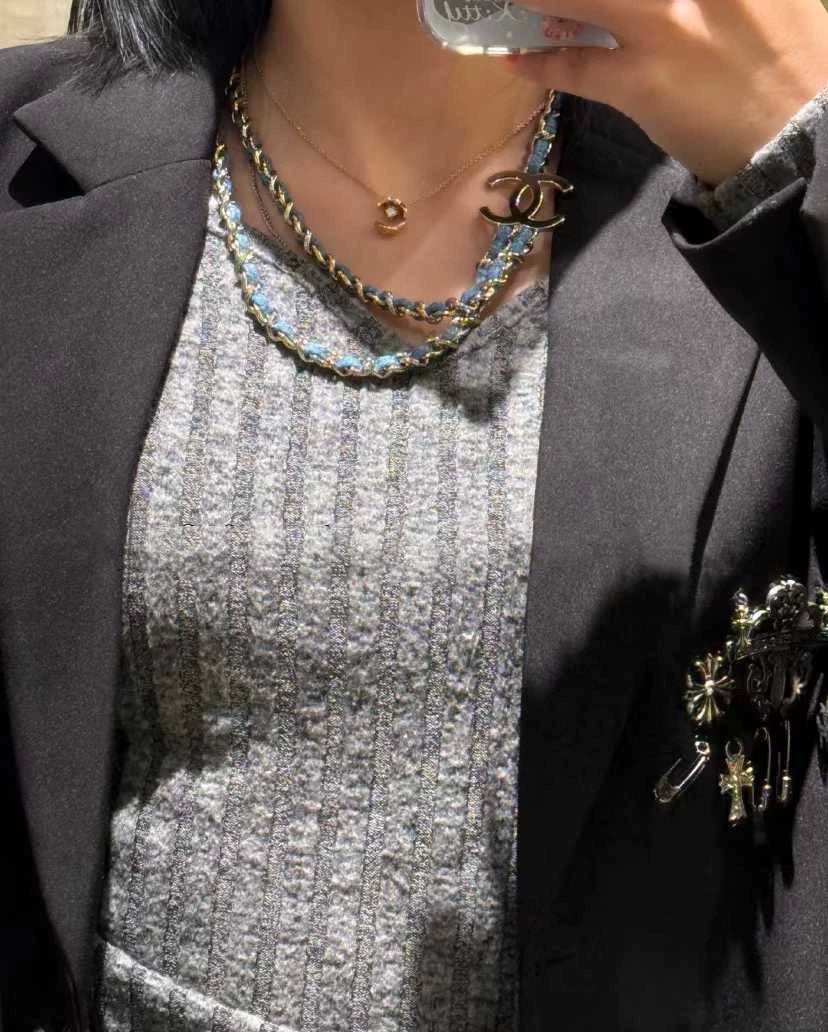 25 new leather chain denim blue double necklace