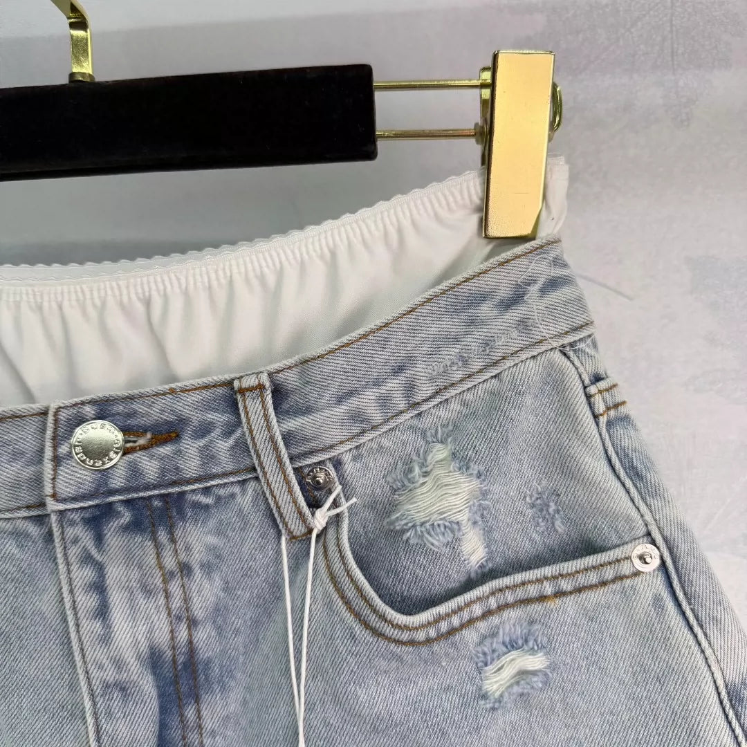 A 25 new ripped removable double waist head denim shorts