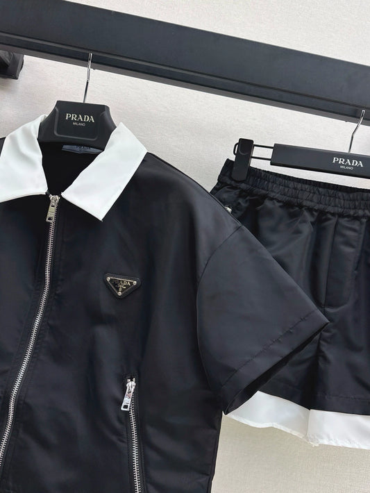 P 25 Spring and Summer New Sports Style Suit Colorful Collar Zipper Short Sleeve Top + Elastic Waist Colorful Side Shorts