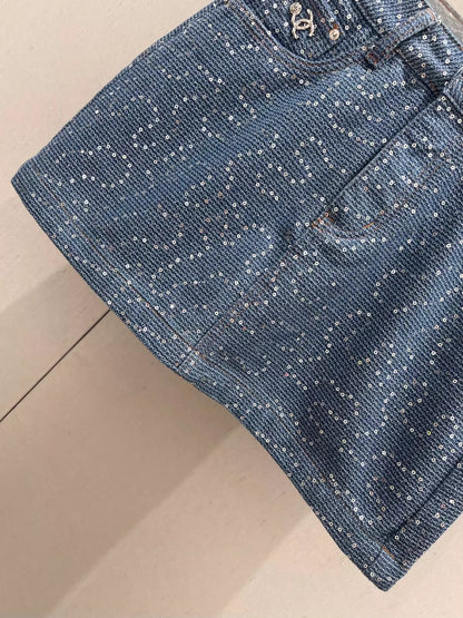 Spring/Summer New Heavy duty sequin denim half skirt