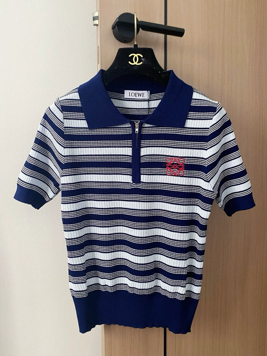 LO 25 New Embroidery Striped Zipper Lapel Short Sleeve Knit