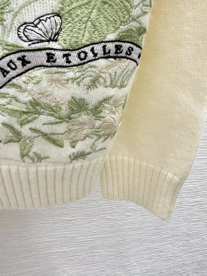 D 25 Embroidered letter butterfly round neck pullover knit long sleeves