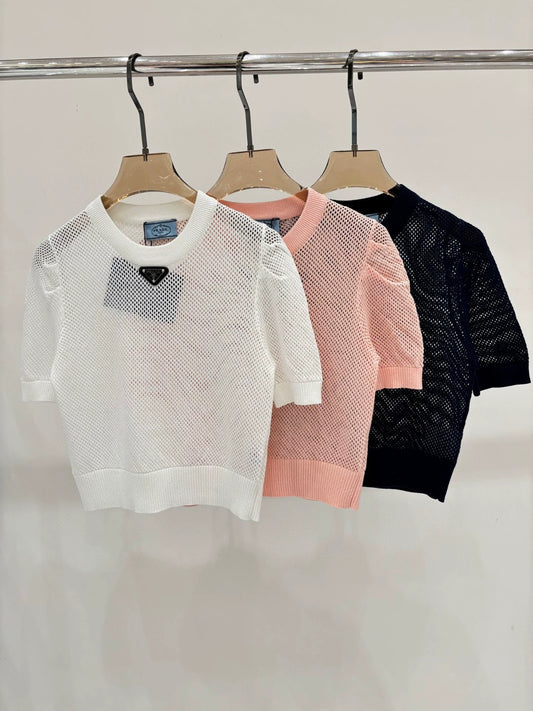 P 25 Early Spring New Round Neck Letter Logo Hollow Knitted Short Sleeves