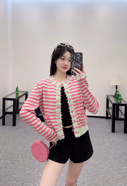 C 25 Striped Lace Knit Cardigan