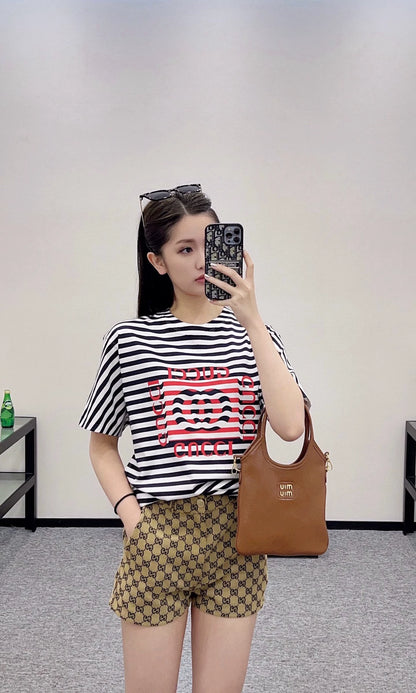 G 25 Round Neck Striped Letter Short Sleeve T-Shirt