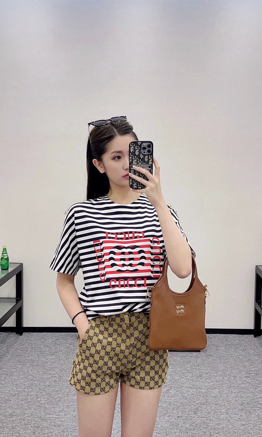 G 25 Round Neck Striped Letter Short Sleeve T-Shirt