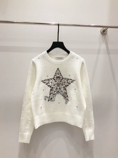 D 25 new style starry sky hot diamond five-pointed star embroidery round neck long sleeve knitted top