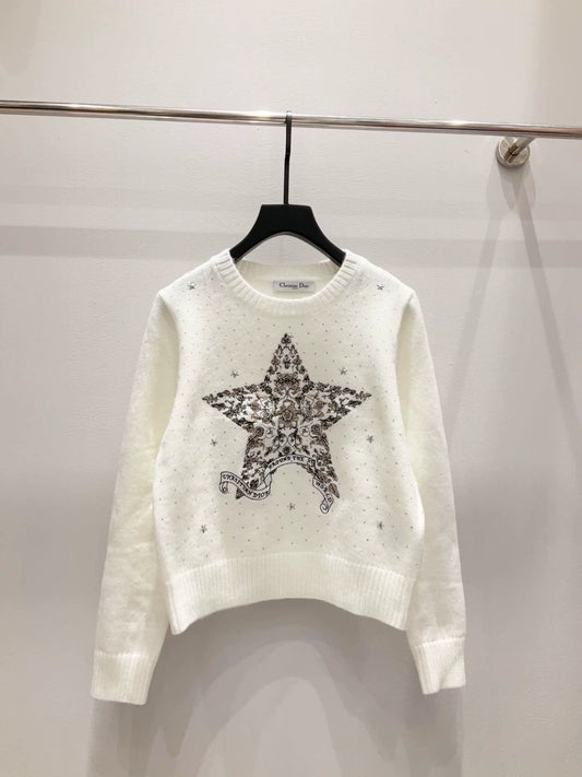 D 25 new style starry sky hot diamond five-pointed star embroidery round neck long sleeve knitted top