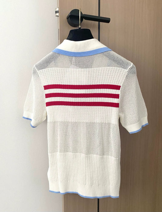 D 25 new striped bee embroidery single-breasted button-down lapel short-sleeved knitted cardigan