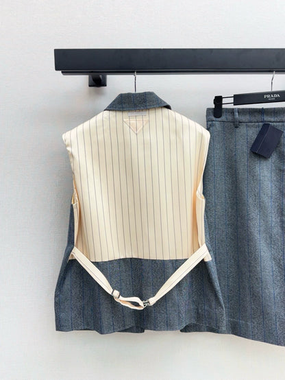 p 25 Latest Splicing Practice Vest Jacket ➕Striped Suit Mid-Length Half Skirt
