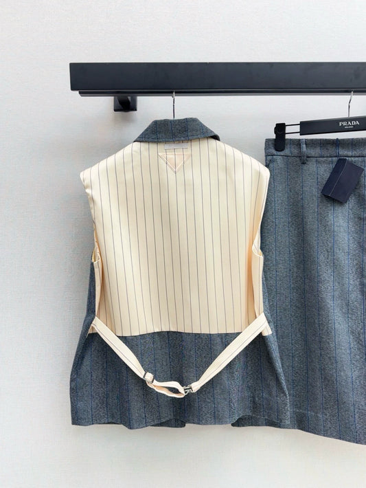 p 25 Latest Splicing Practice Vest Jacket ➕Striped Suit Mid-Length Half Skirt