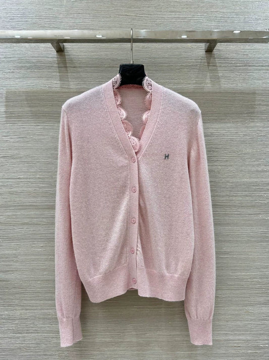 H 25 new style neckline lace design classic V-neck cashmere cardigan