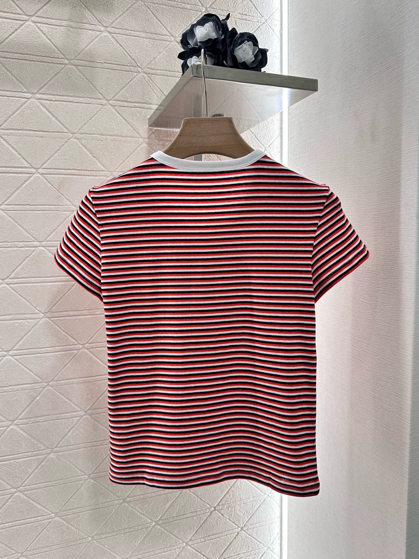 CE 25 Spring and Summer New Half-open Striped Short-sleeved T-shirt