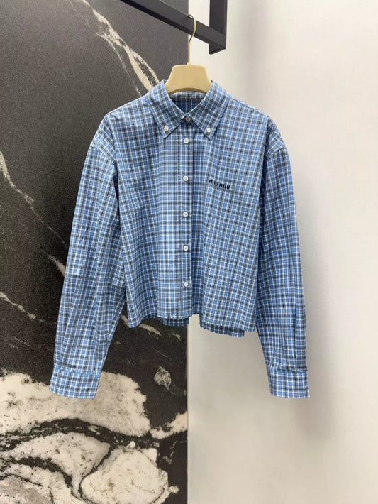 m 25 Spring and Summer New Blue Plaid Short Shirt