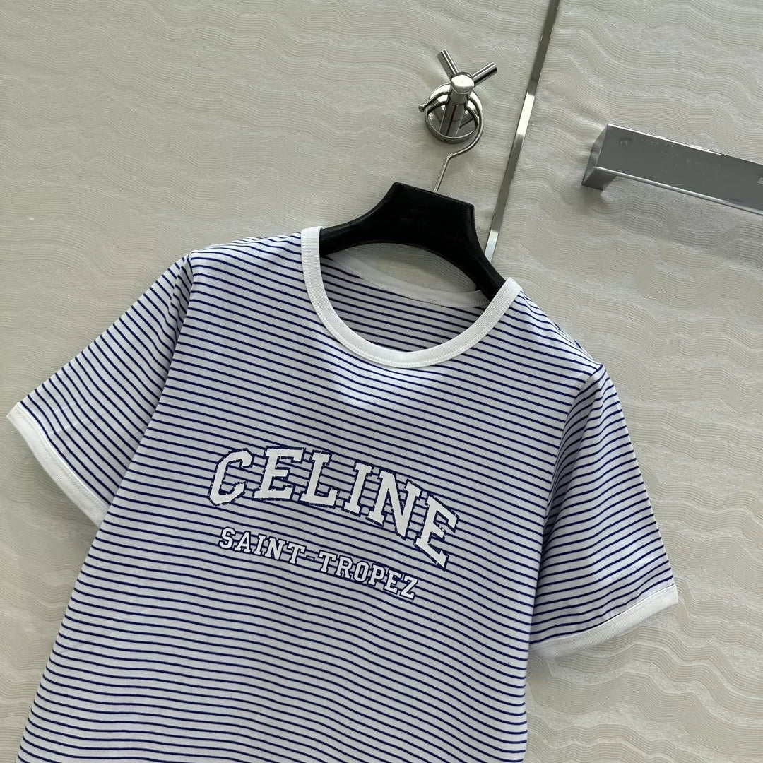 CE 25 College style blue striped cotton letter short-sleeved T-shirt