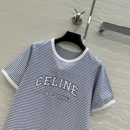 CE 25 College style blue striped cotton letter short-sleeved T-shirt